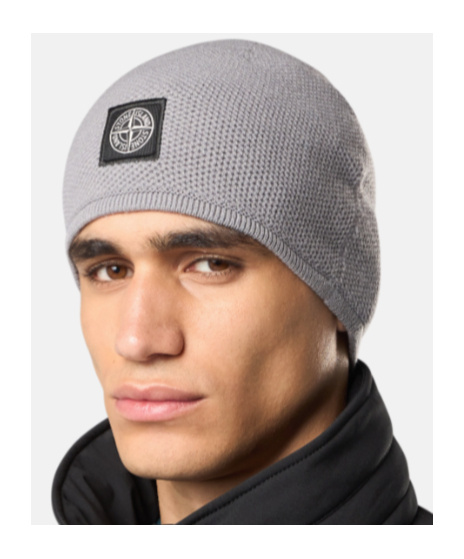 Stone Island Beanie With Compass Patch And Ribbed Trim In Gray