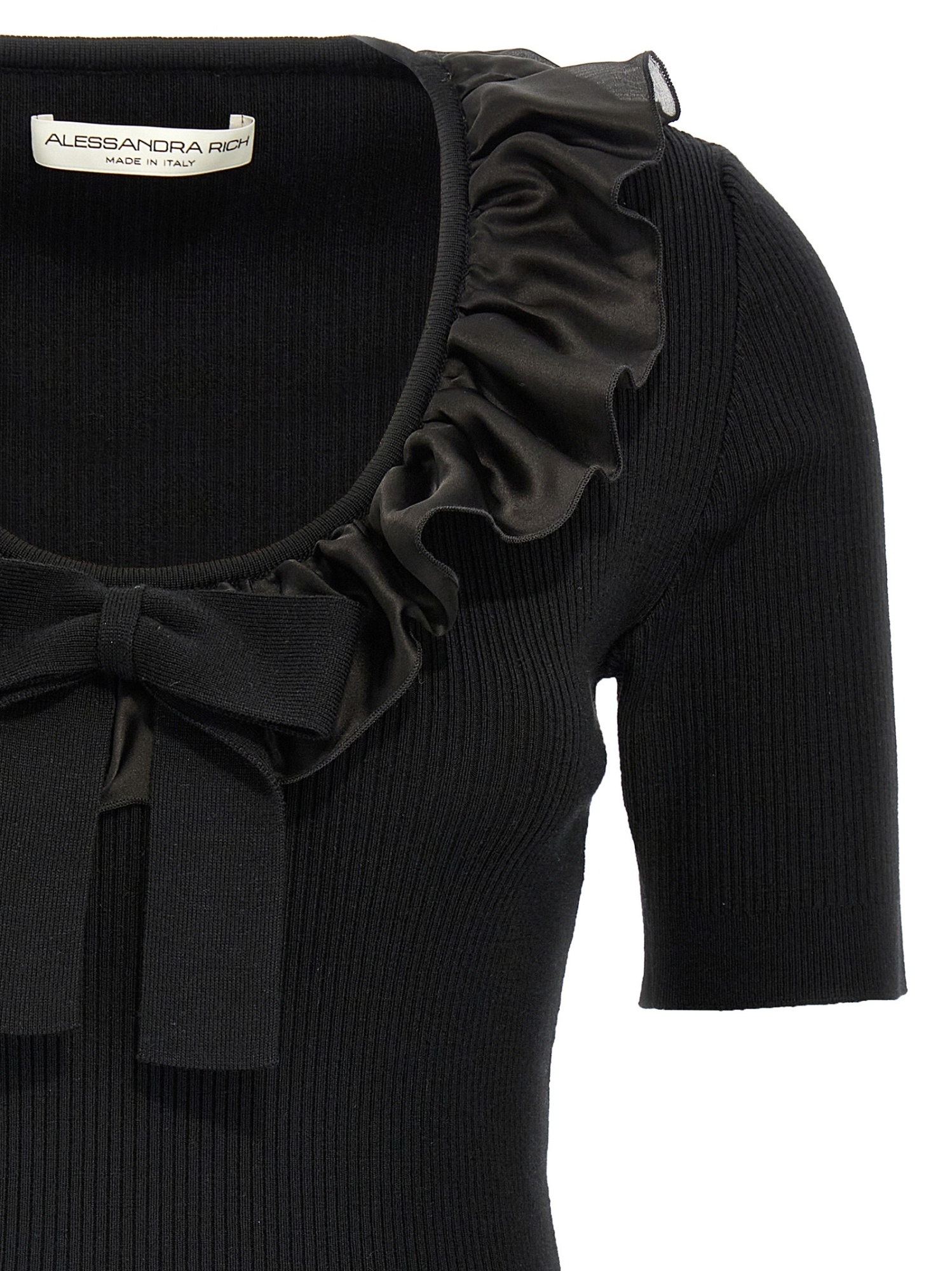 Alessandra Rich T-shirt With Ruffle And Bow Detail In Black