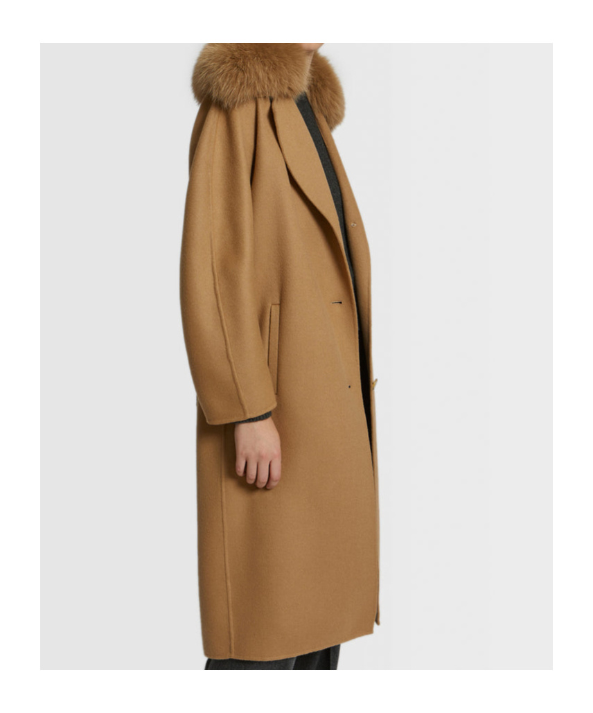 YVES SALOMON LONG BELTED COAT IN CASHMERE WOOL WITH FOX FUR COLLAR