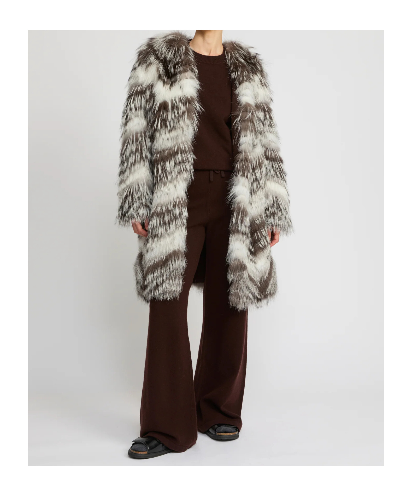 Yves Salomon Belted Coat In Merino Knit And Fox Fur In Multi