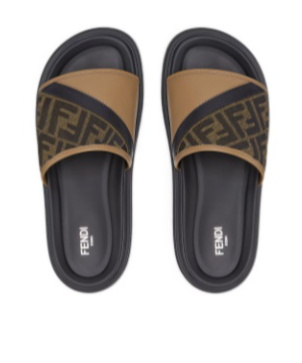 Fendi Brown Ff Jacquard And Beige Leather Slides In Black