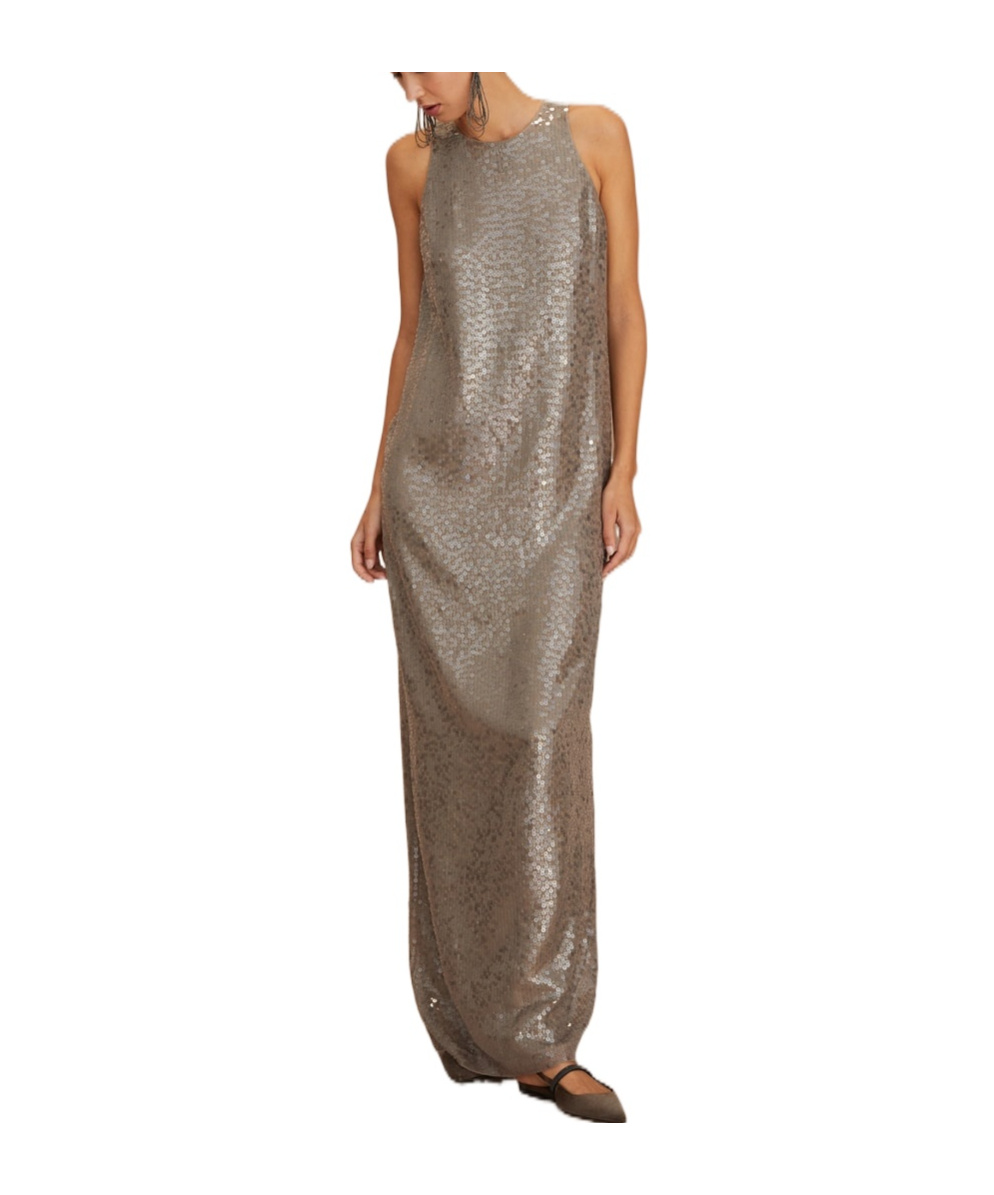 Brunello Cucinelli Sequinned Silk Column Maxi Dress In Beige