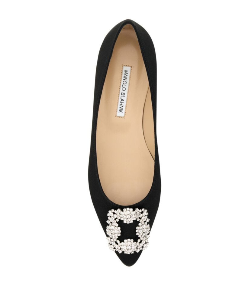 Manolo Blahnik Hangisi Fmc Crystal Buckle Satin Flats In Black