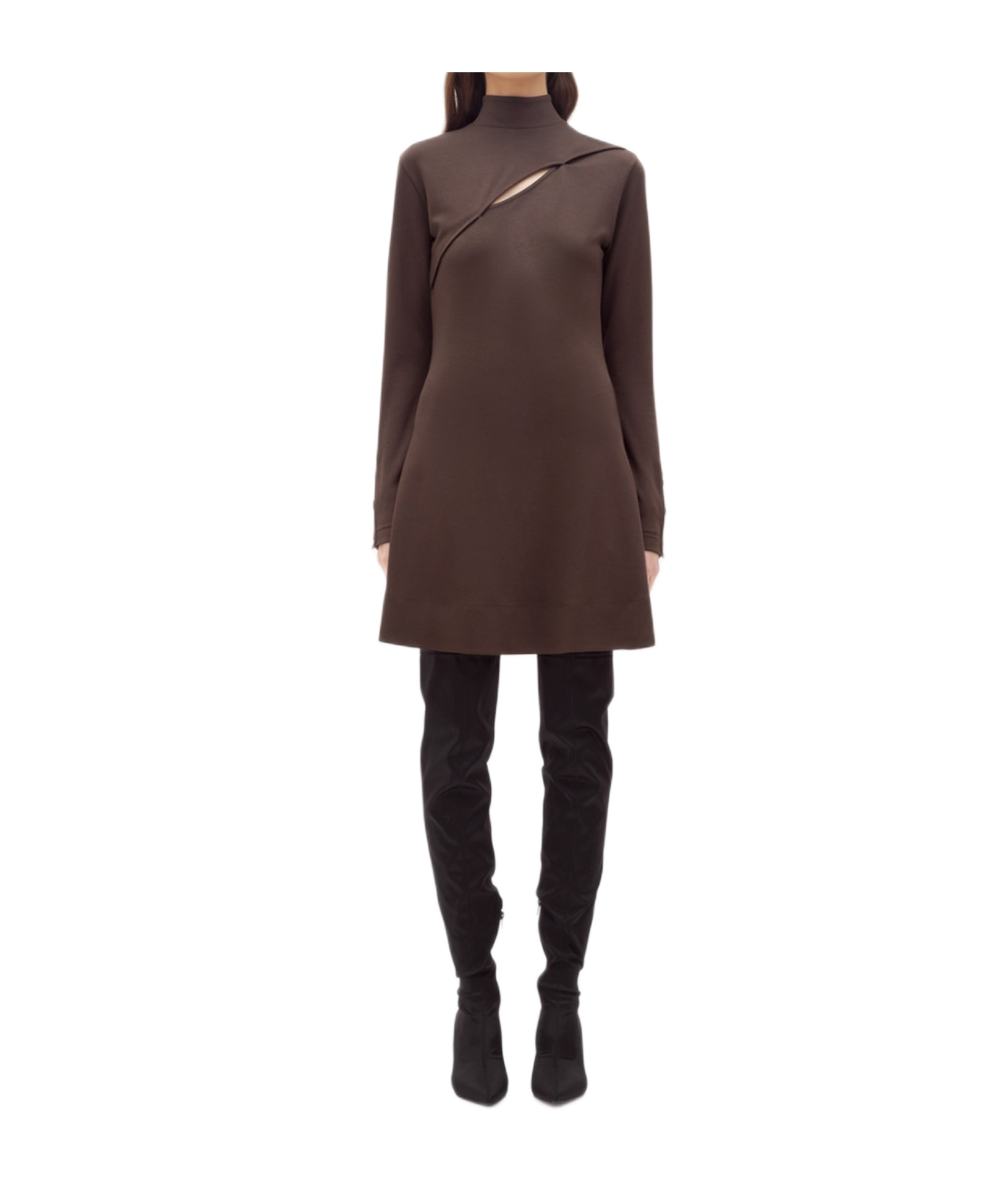 Blugirl High Neck Jersey Dress With Oblique Cut-out And Button Details In Brown