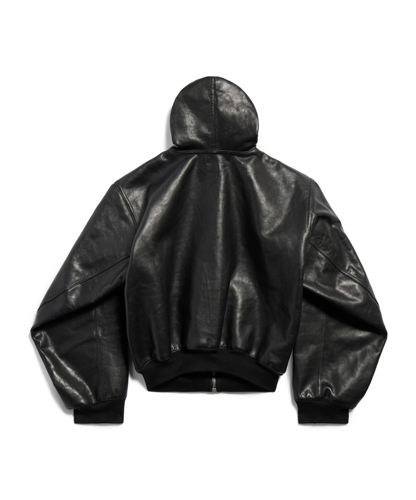 Balenciaga Leather Hooded Bomber Jacket In Black