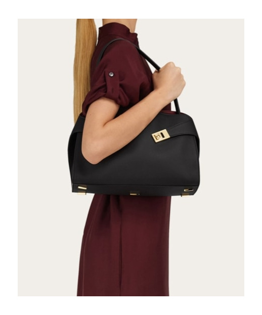 Ferragamo Structured Shoulder Bag Top Handle In Black