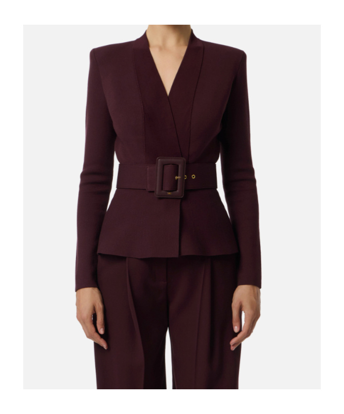 Elisabetta Franchi Tailored Peplum Jacket Belted Waist In Burgundy
