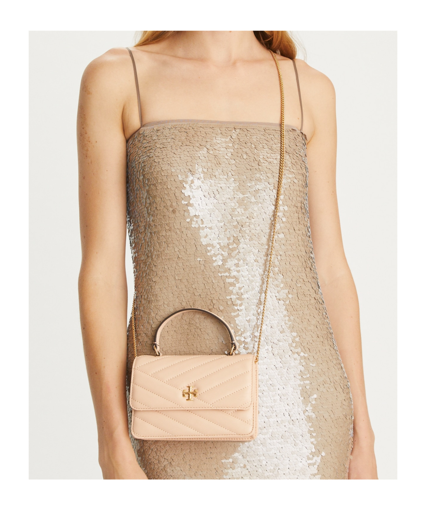 Tory Burch Mini Kira Chevron Top Handle Chain Wallet In Apricot