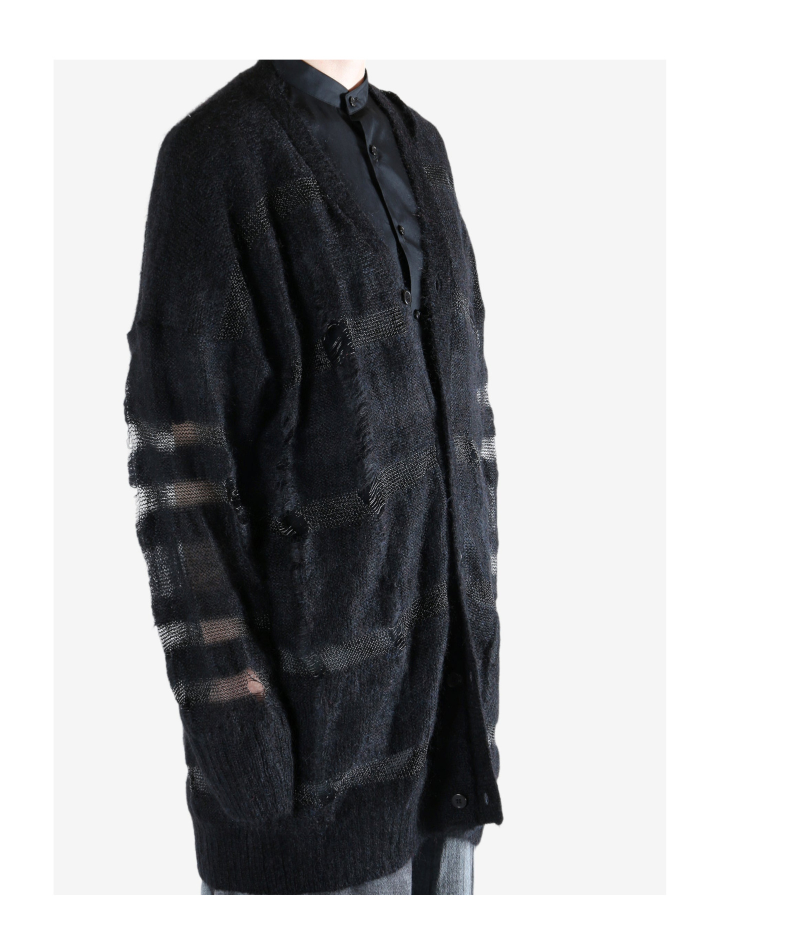 Yohji Yamamoto Striped Distressed Cardigan In Black