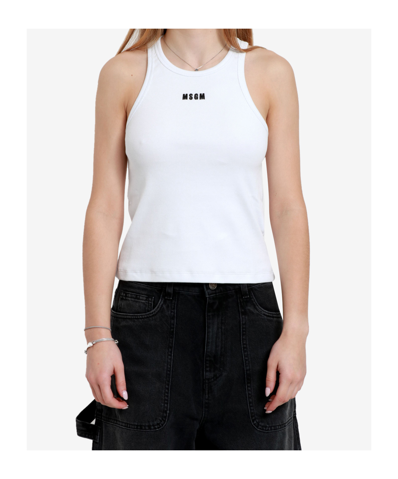 Msgm Embroidered-logo Ribbed Tank Top In White
