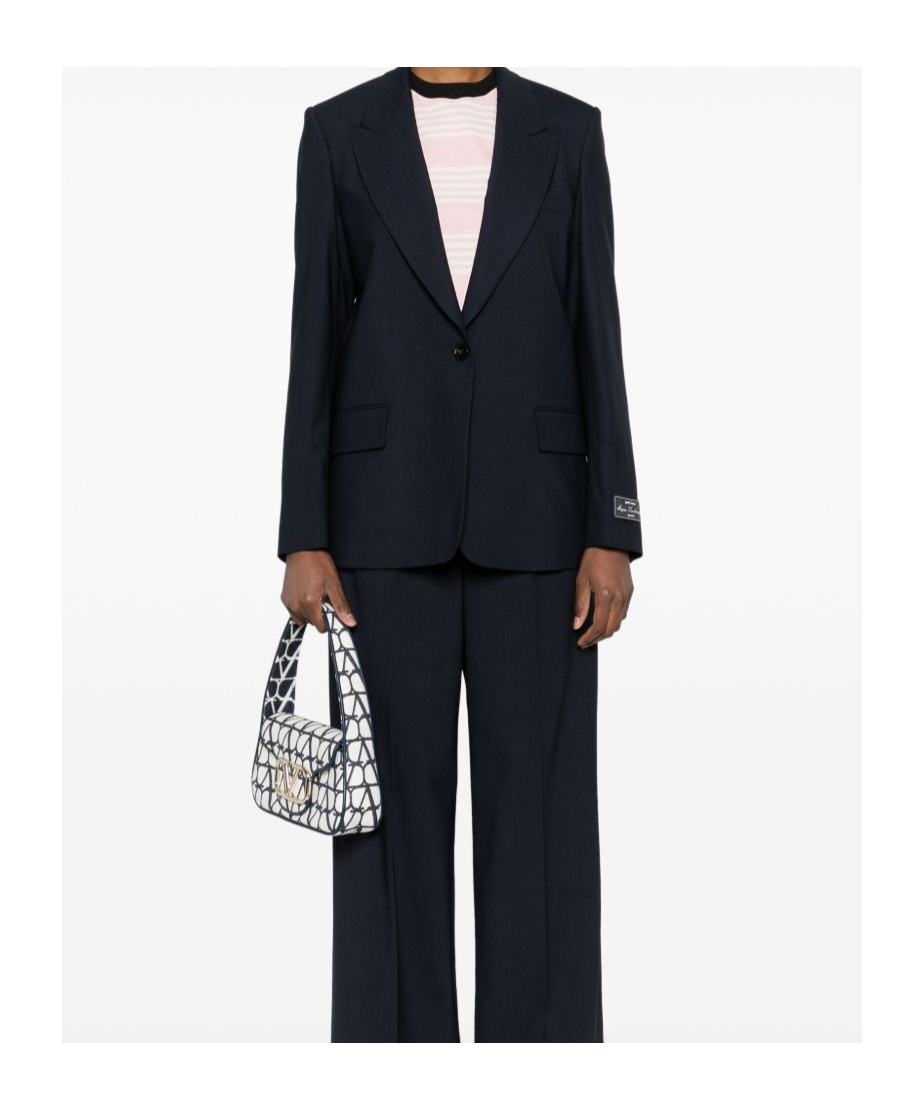 Msgm Single-breasted Blue Wool Blazer With Logo Label In Black