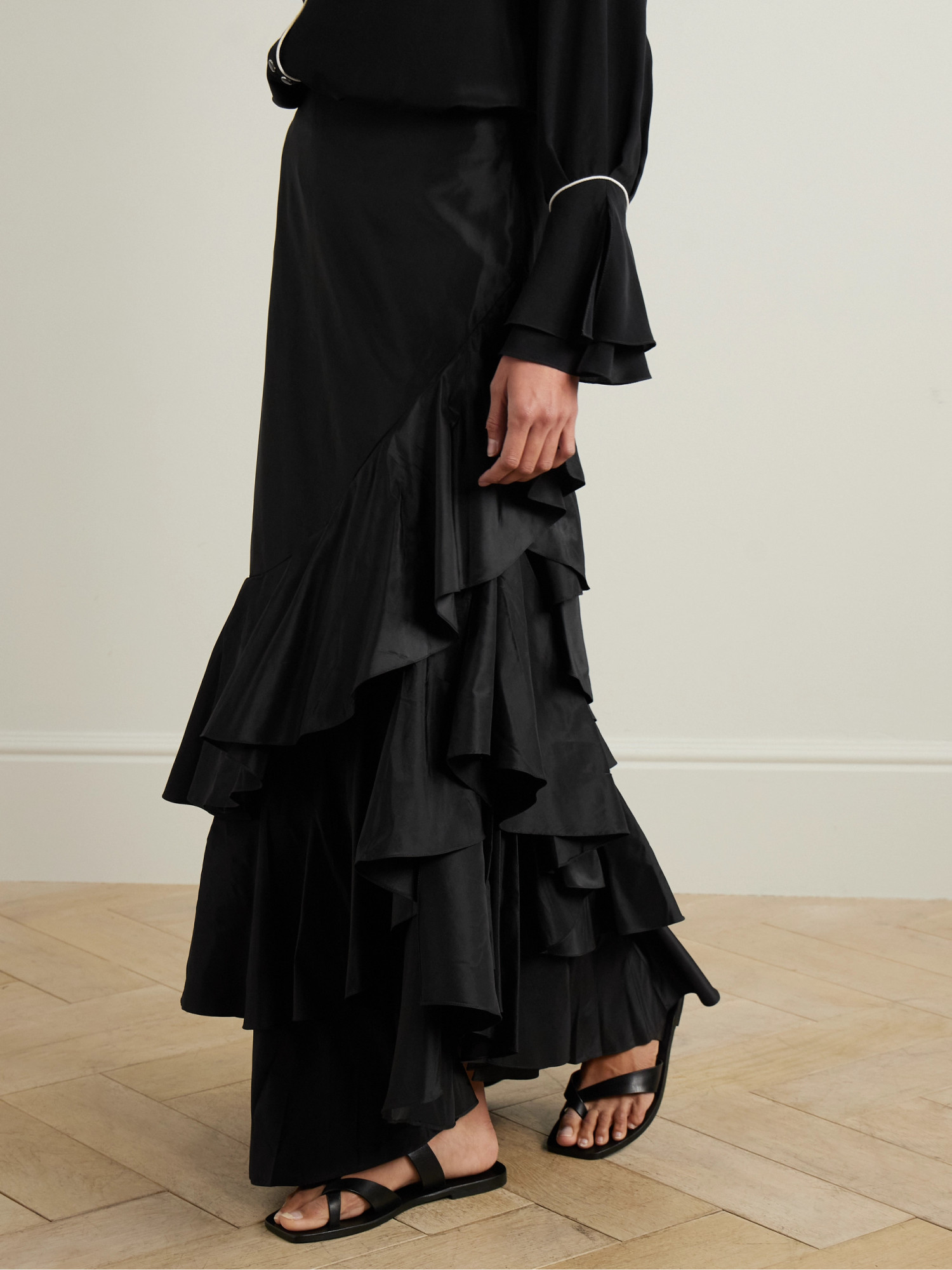 Johanna Ortiz Spirit Of Exploration Ruffled Silk Maxi Skirt In Black