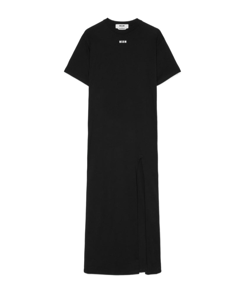 Msgm Logo Printed Side-slit Maxi Dress In Black