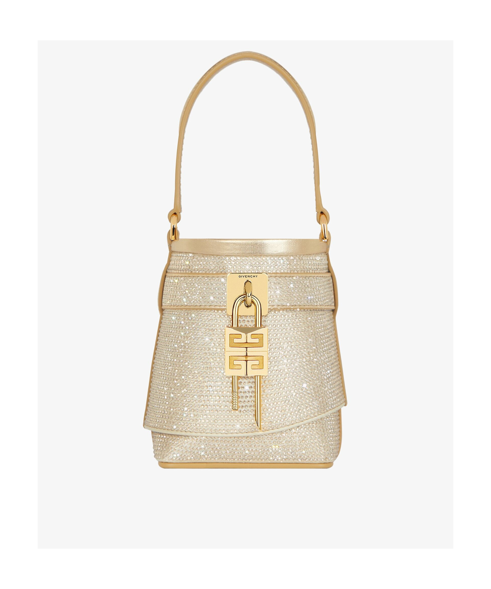 Givenchy Micro Shark Lock Bucket Bag In Satin With Strass In Nude