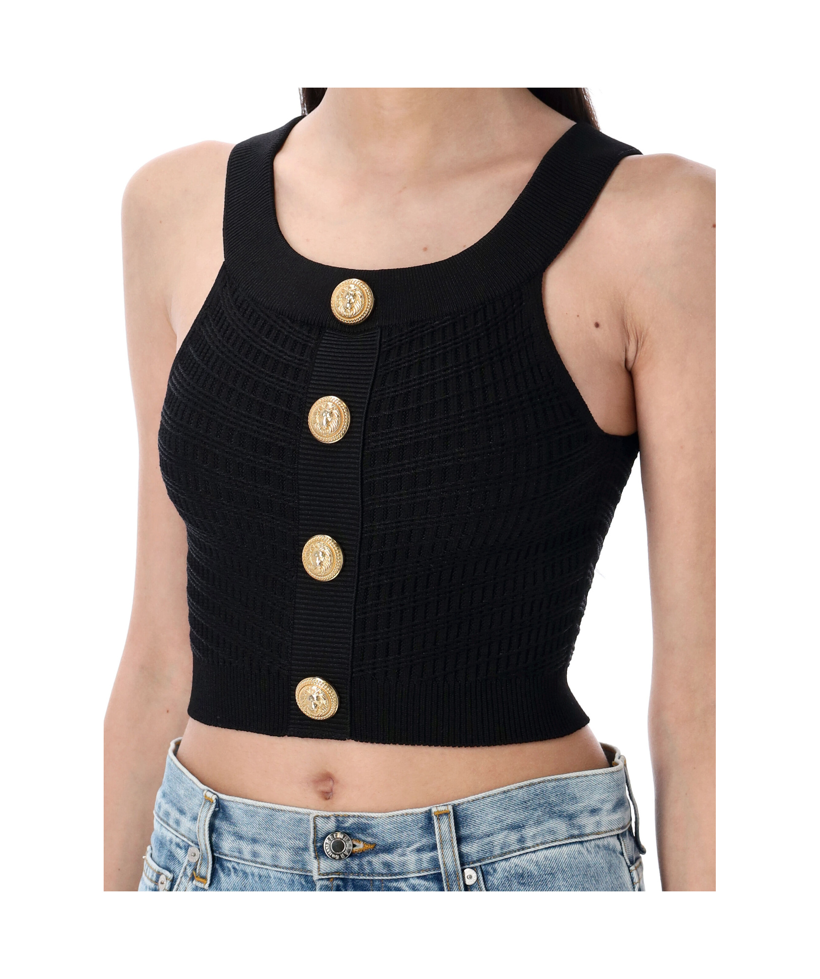 Balmain Button Embellished Cropped Top In Blue