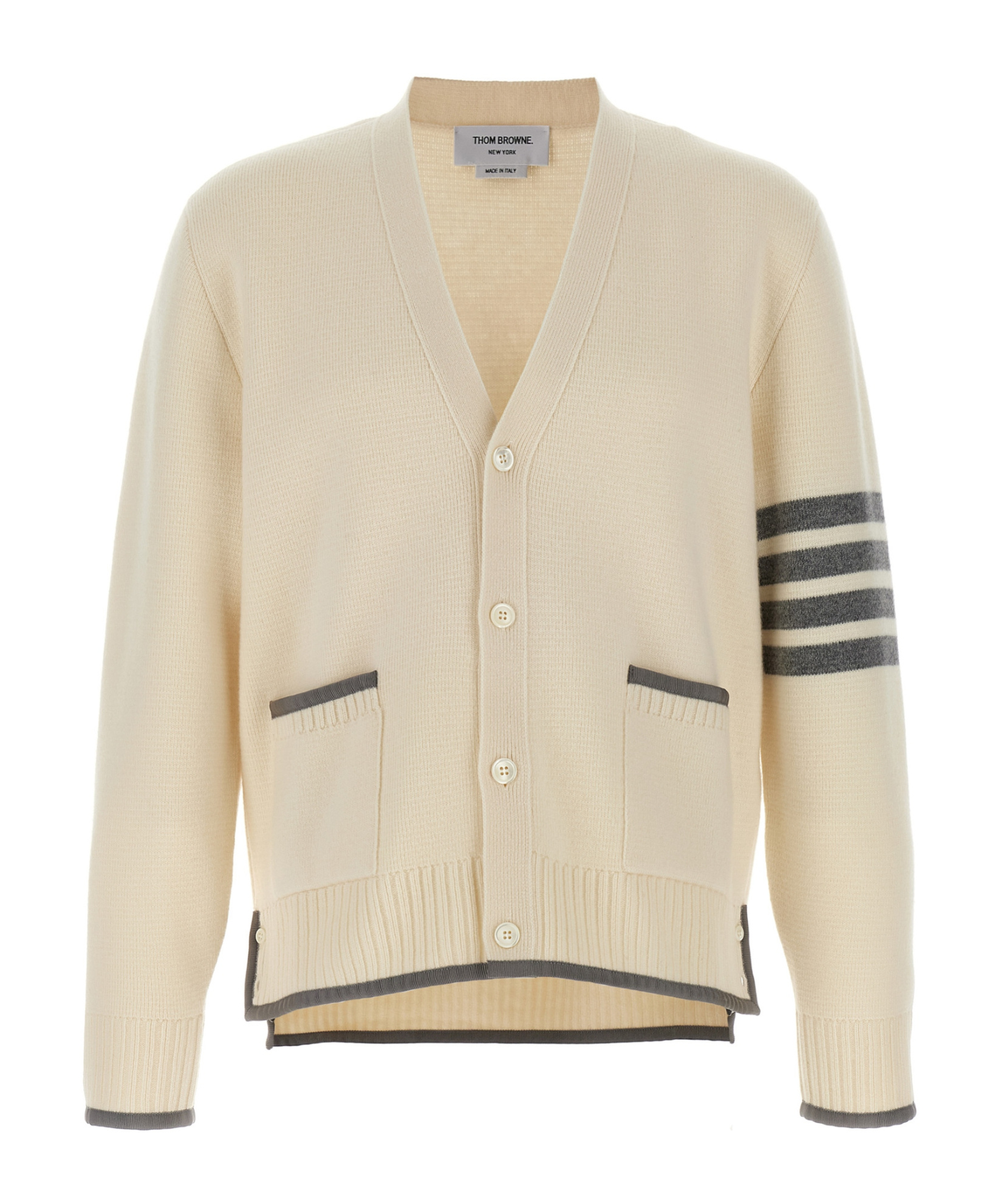 Thom Browne Wool Cardigan With Striped Sleeve Detail In Neutral