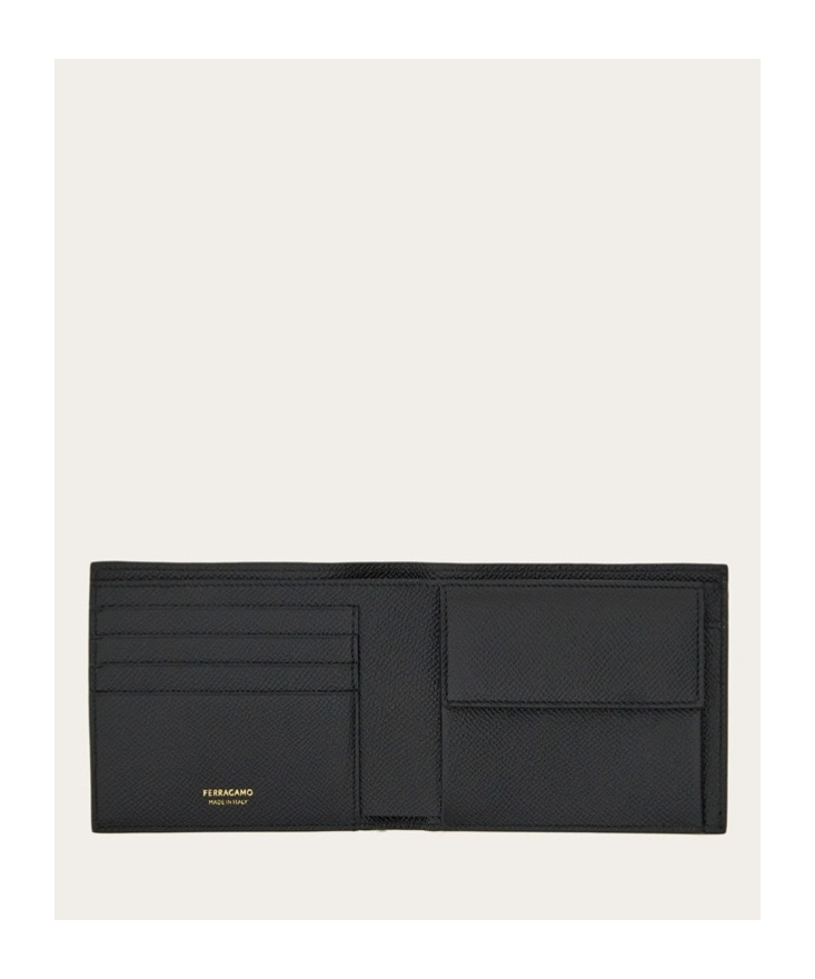 Ferragamo Gancini Bi-fold Wallet In Grained Leather In Black