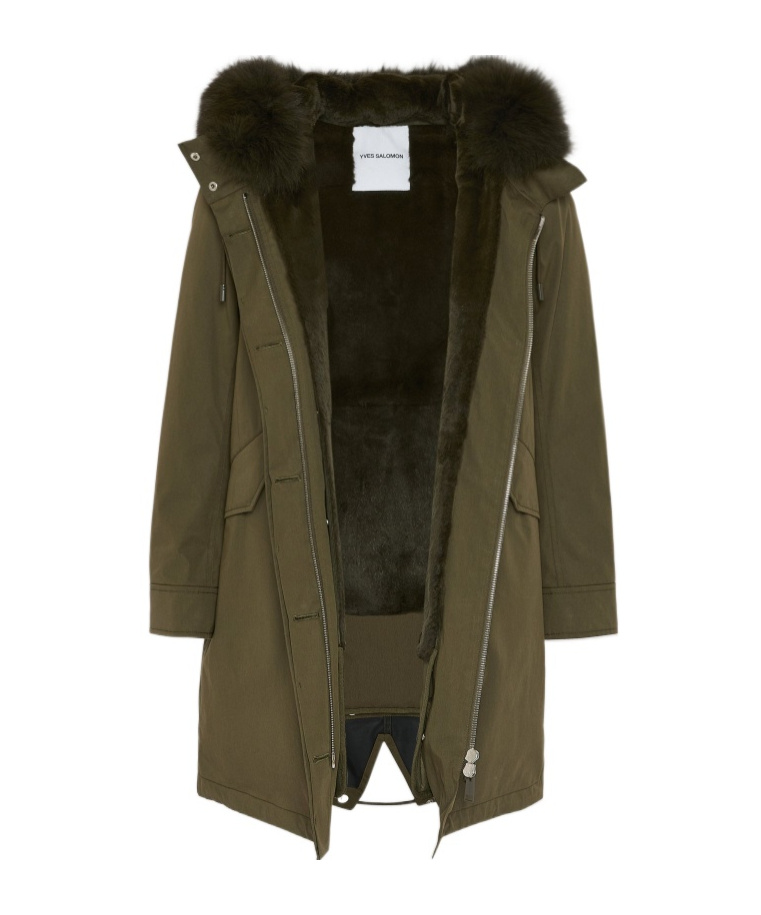 Yves Salomon Long Iconic Parka In Waterproof Cotton Blend With Fox And Rabbit Fur In Green