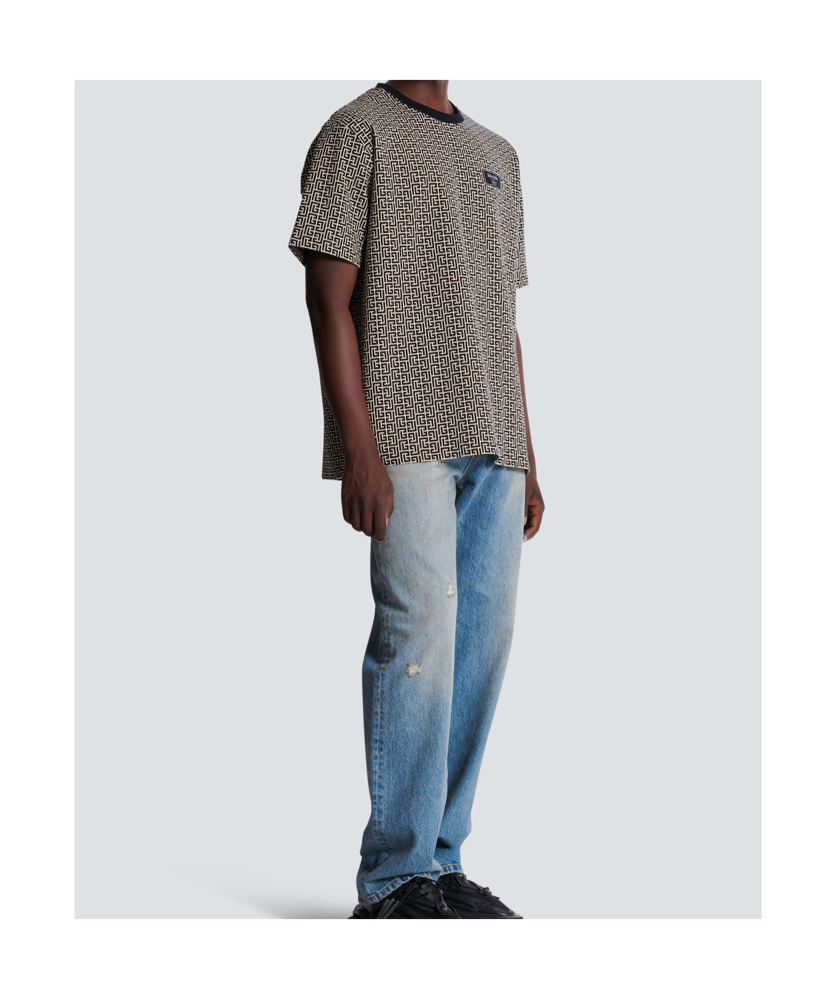 Balmain Grey T-shirt With Logo Applied On The Chest And All-over Labyrinth Motif In Cotton Man In Black
