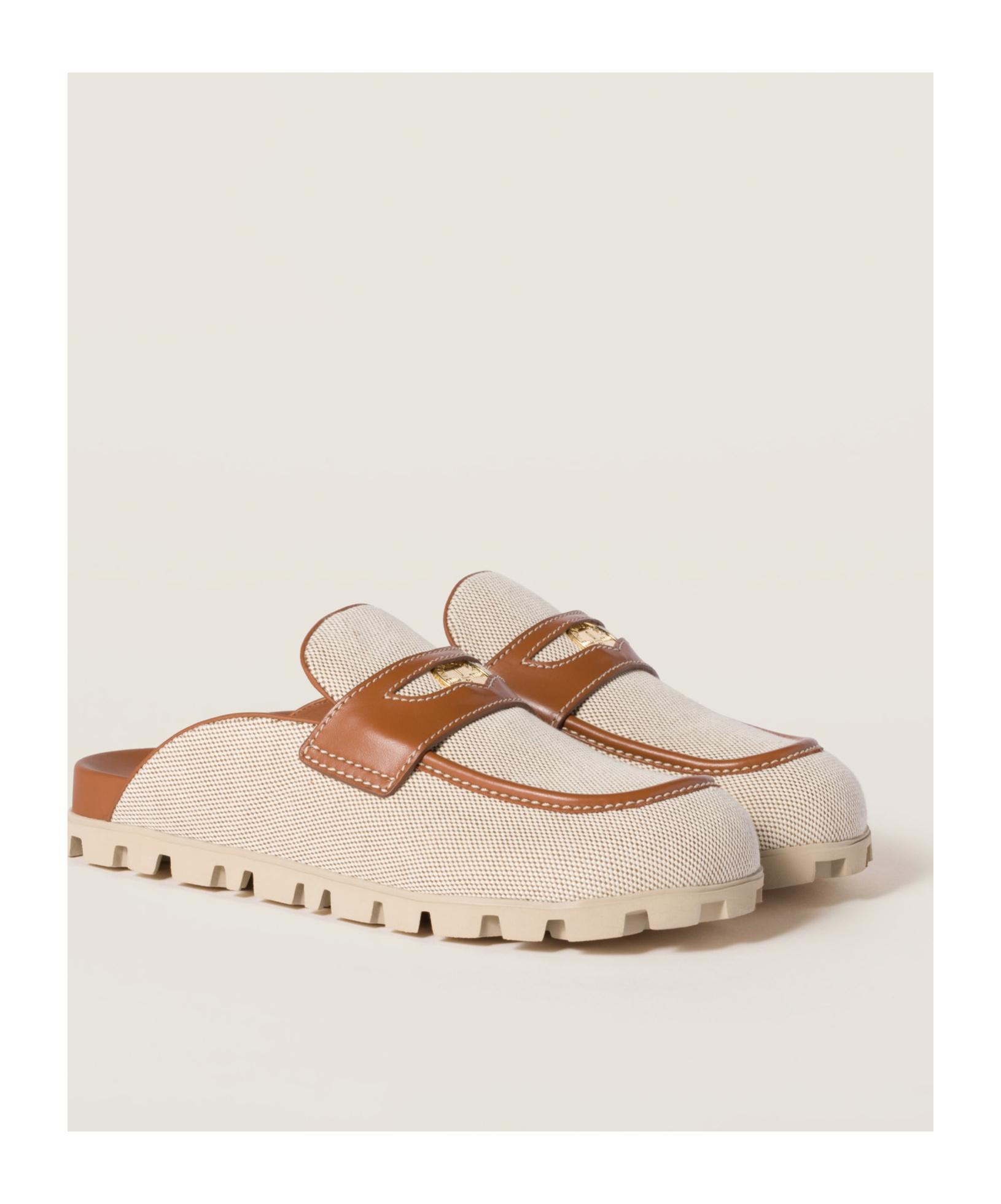 MIU MIU CANVAS AND LEATHER MULES