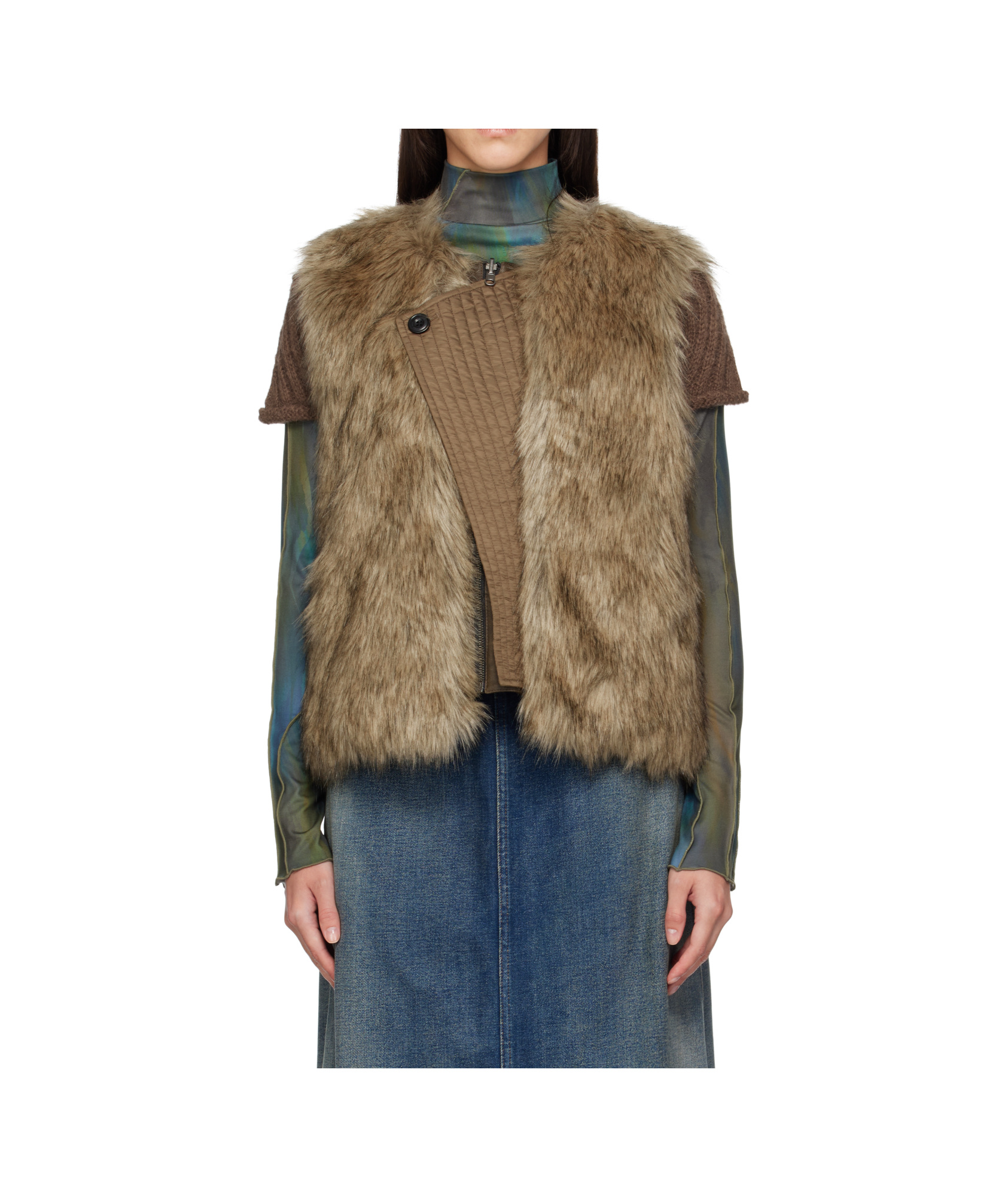 Andersson Bell Curved Placket Reversible Faux Fur Vest In Burgundy