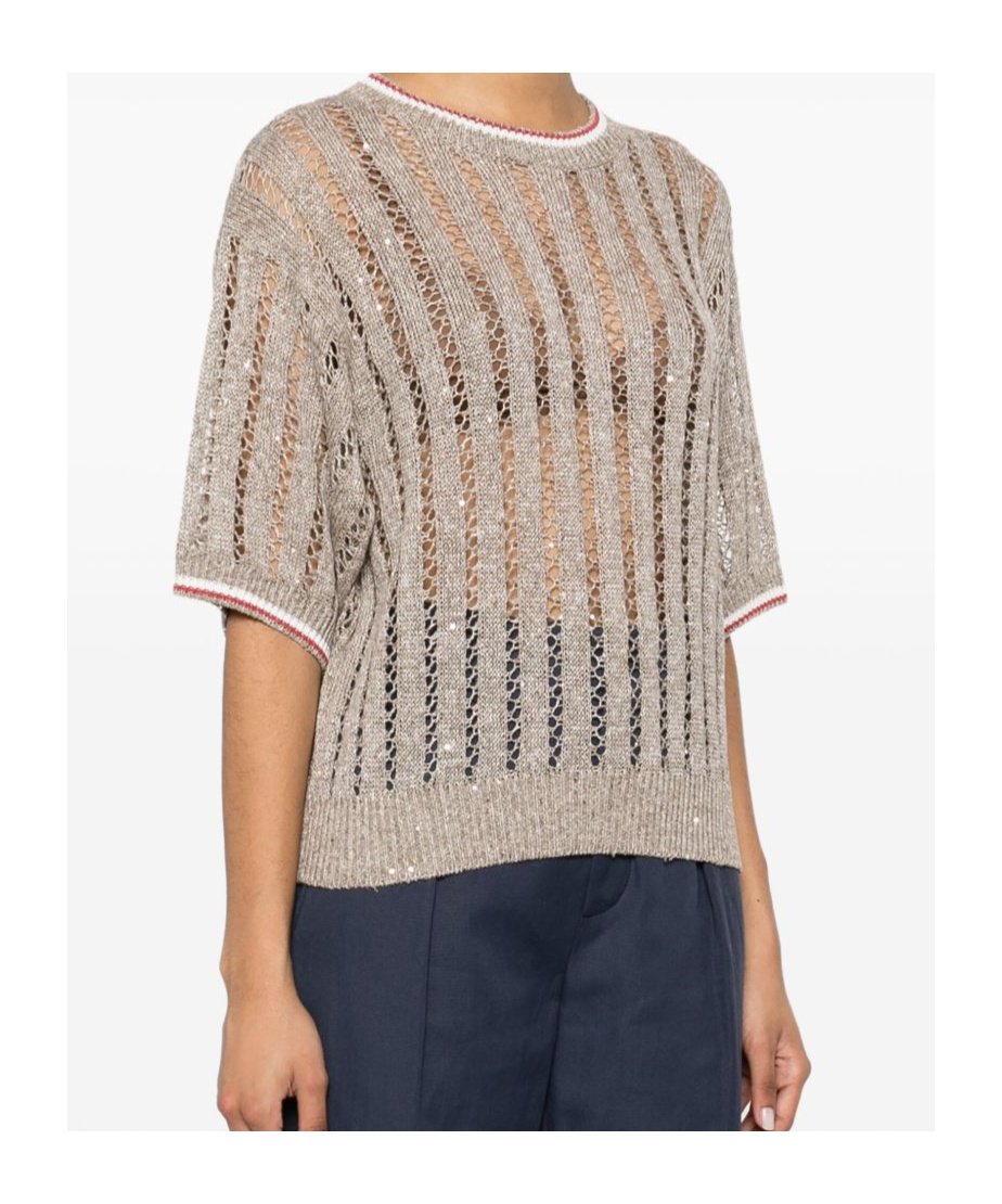 Brunello Cucinelli Crew Neck Short Sleeve Sweater In Nude