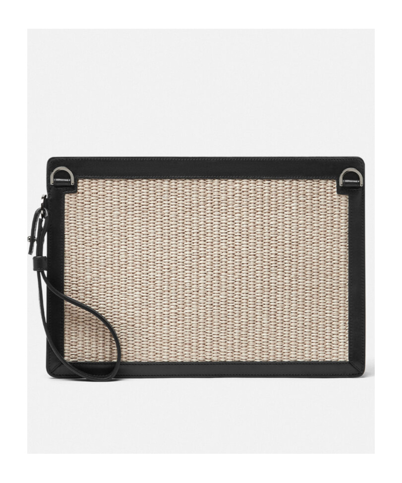 VERSACE LOGO-EMBROIDERED RAFFIA CLUTCH BAG