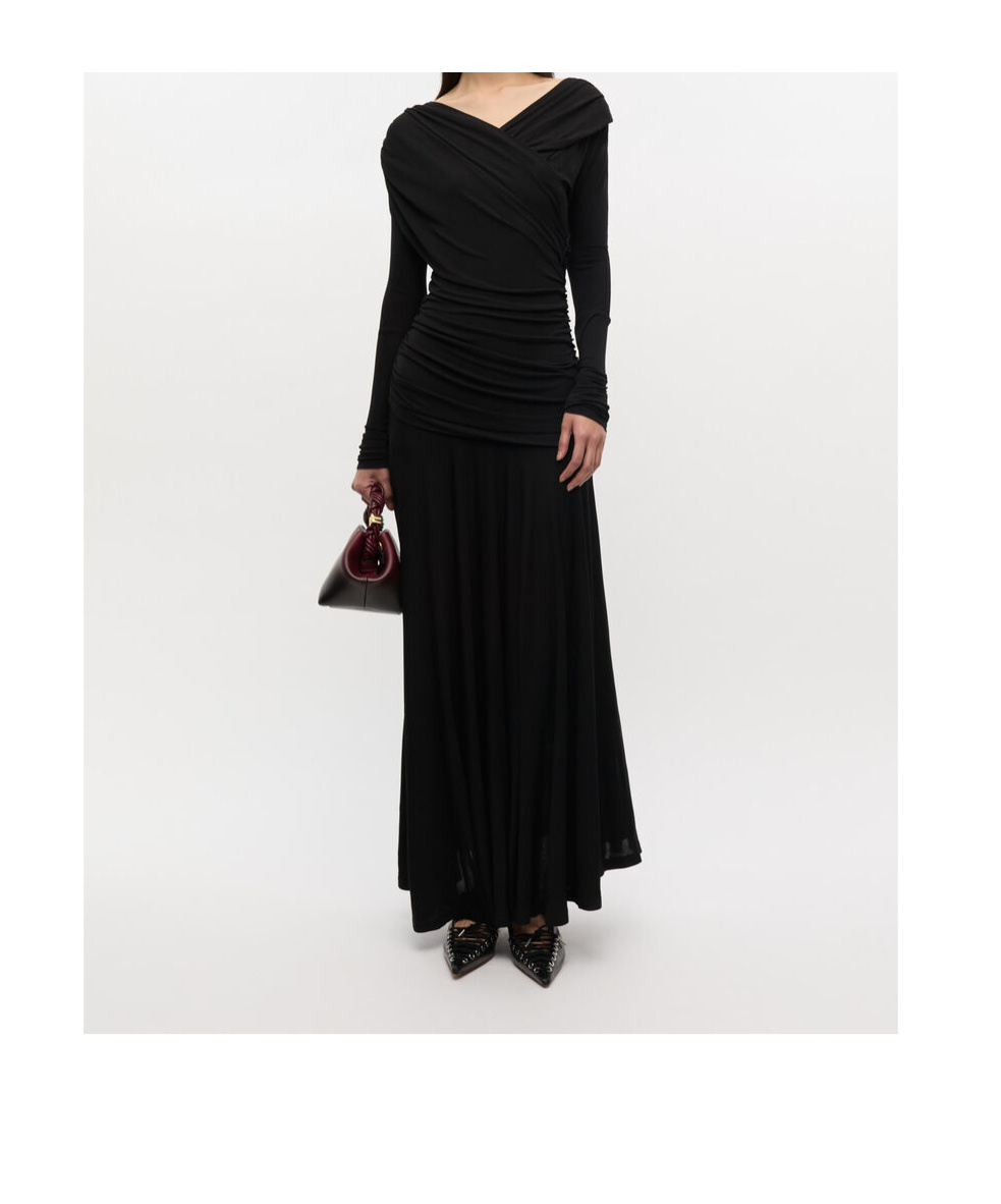 Ganni Interlock Jersey Crossover Ruched Long Dress Dresses Black In Black