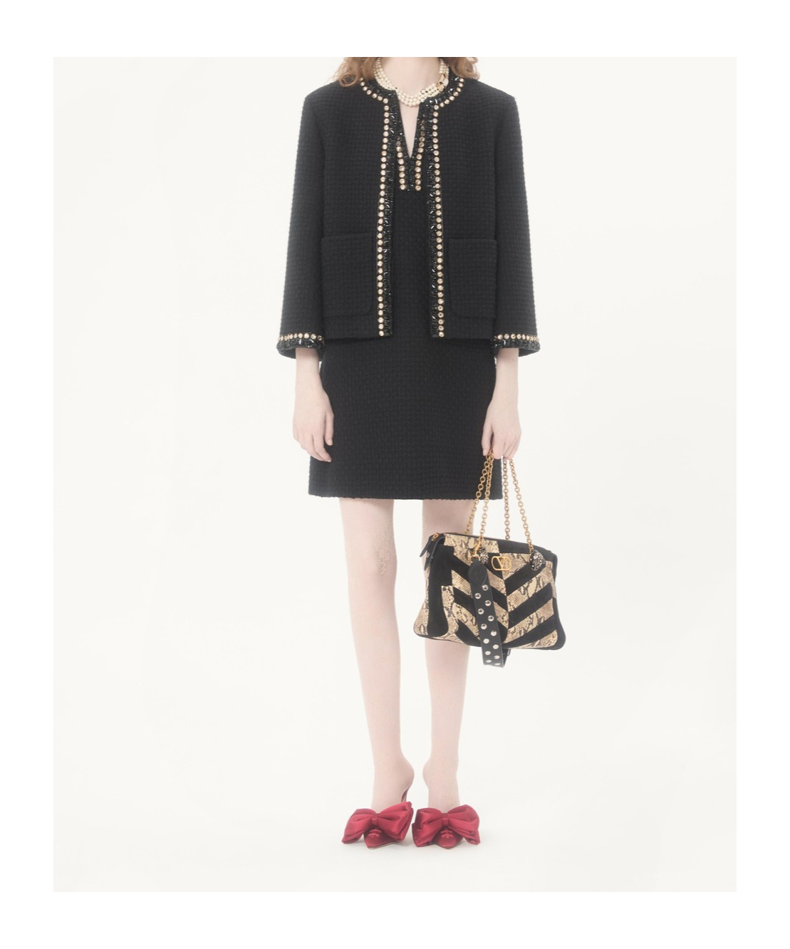 Valentino Embroidered Canestrello Tweed Short Dress In Black