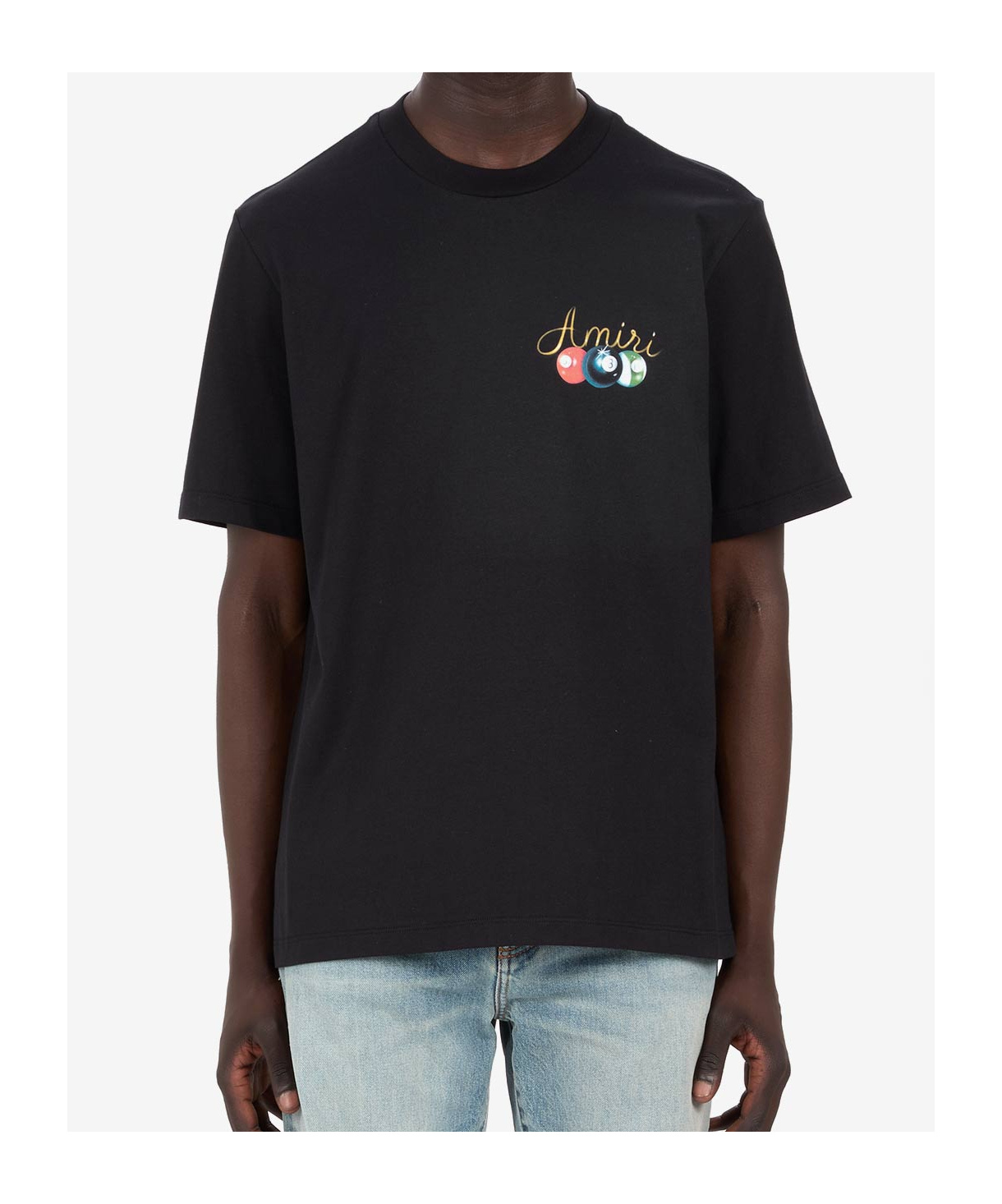 Amiri Pool Cue Black Crewneck T-shirt With Logo Detail On The Front And Maxi Logo Print On The Rear In Cot In Black