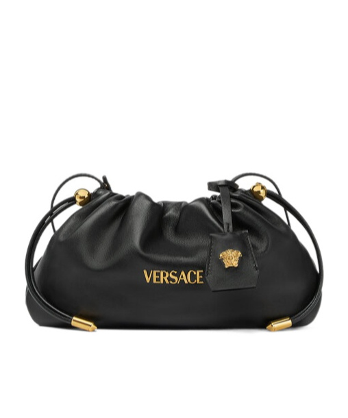 Versace Small Tag Drawstring Clutch Bag In Black