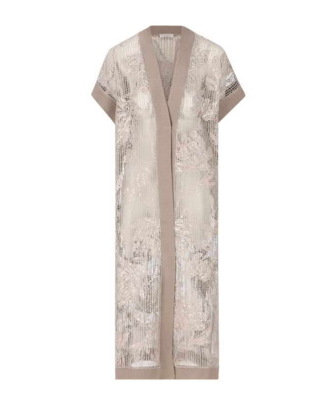 Brunello Cucinelli Magnolia-embroidered Long Cardigan In Gray