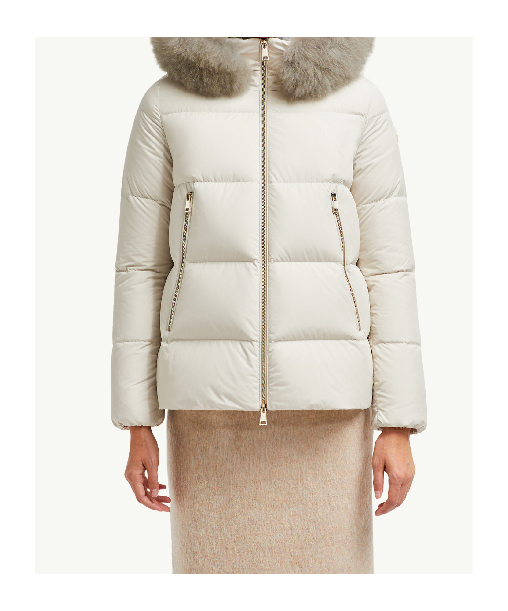 Moncler Laichefur Hooded Shearling-trimmed Short Down Jacket In White