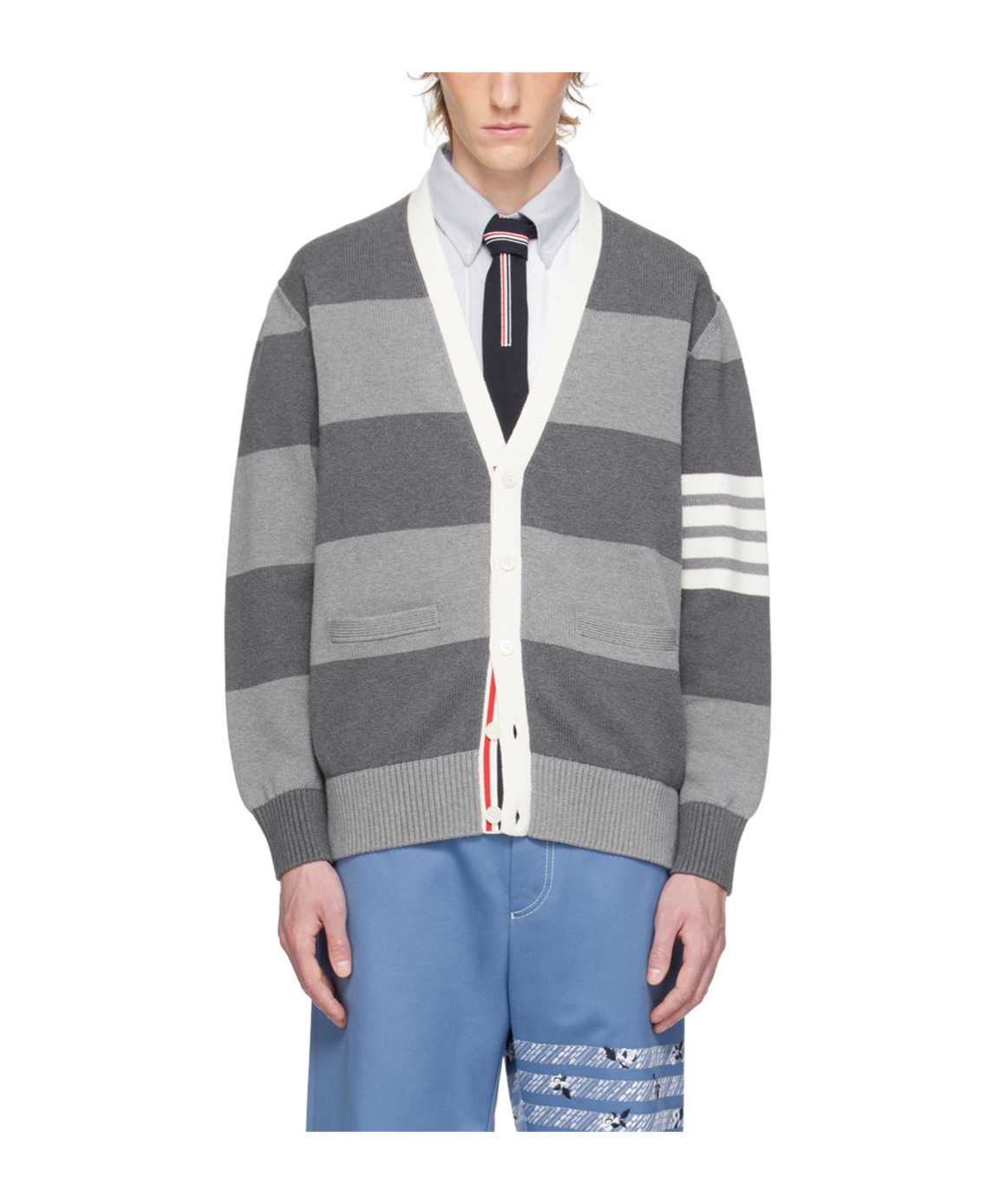 Thom Browne Patterned-intarsia Striped Cardigan In Gray