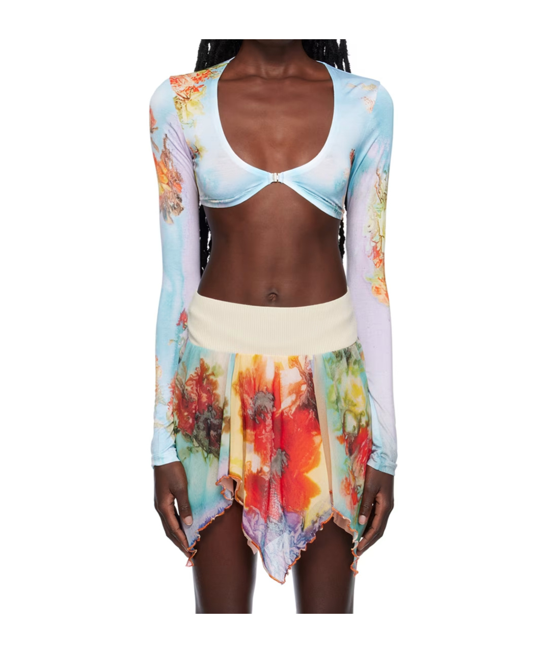 Jean Paul Gaultier Womens Pink Yellow Flower-print Cropped Stretch-woven Top In Blue