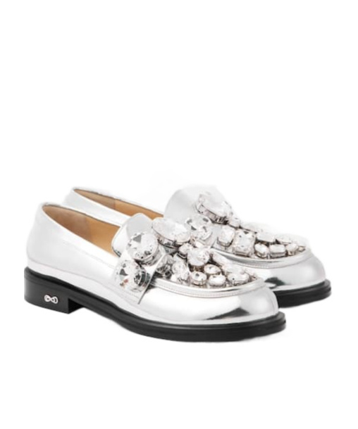 Machmach Crystal-embellished Metallic Leather Loafers In White