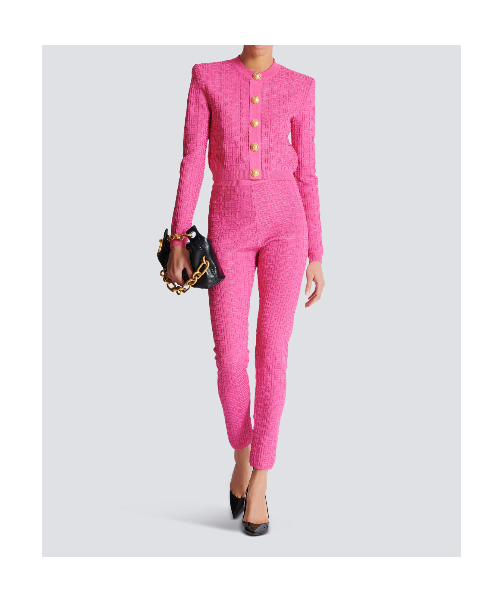 Balmain Cropped Monogrammed Knit Cardigan In Pink