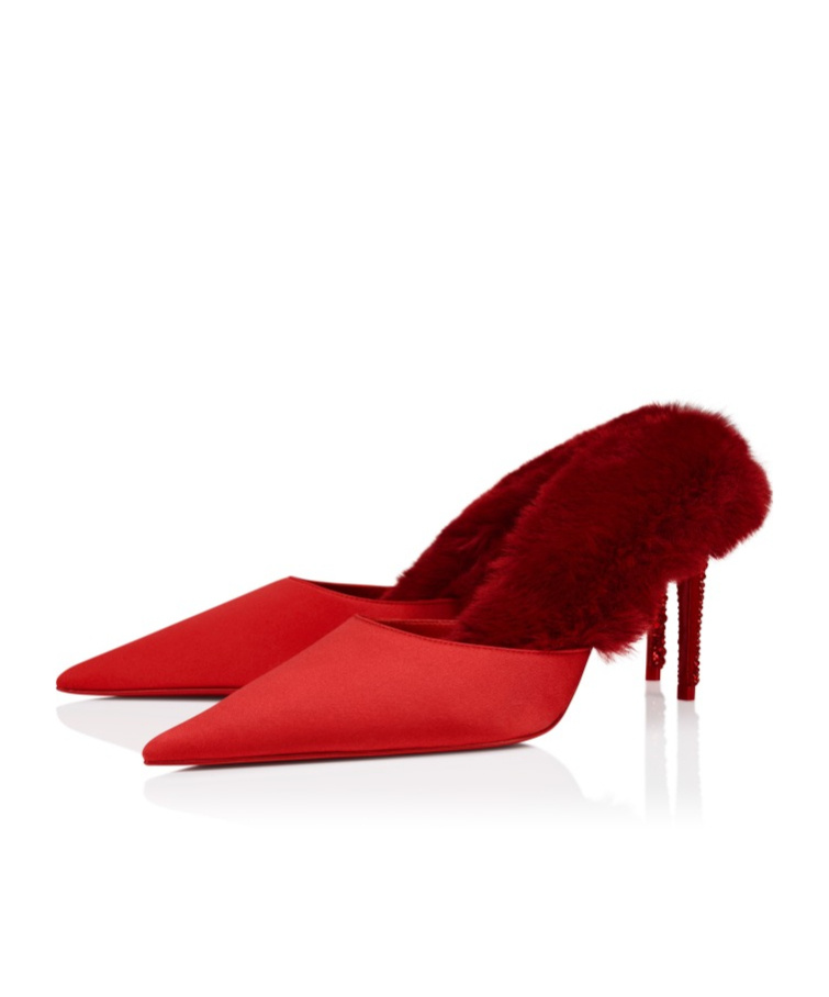 Christian Louboutin Km Faux Fur Satin Mule Pumps In Red
