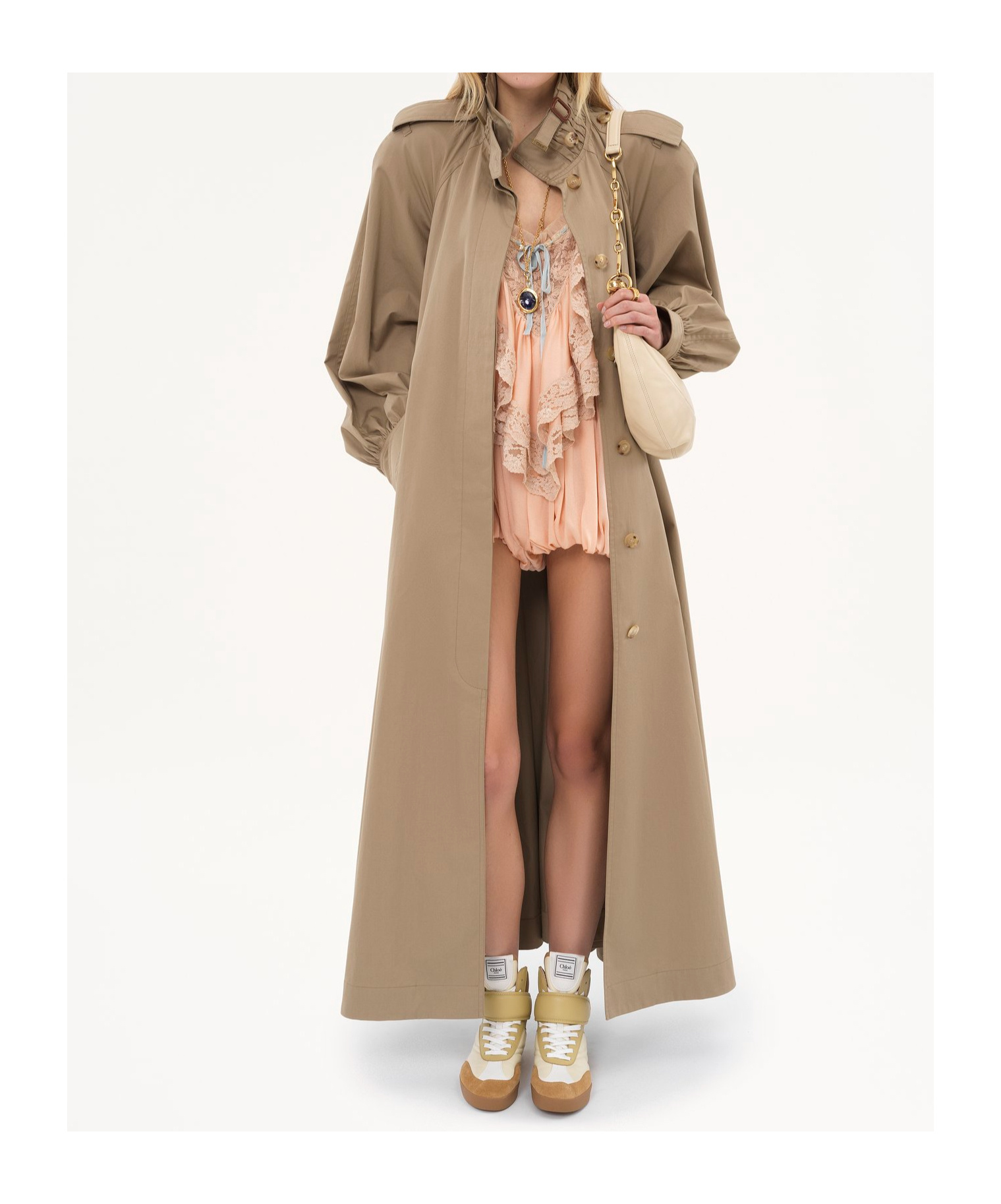 Chloé Long Trench Coat With Stand-up Collar In Cotton Gabardine In Nude