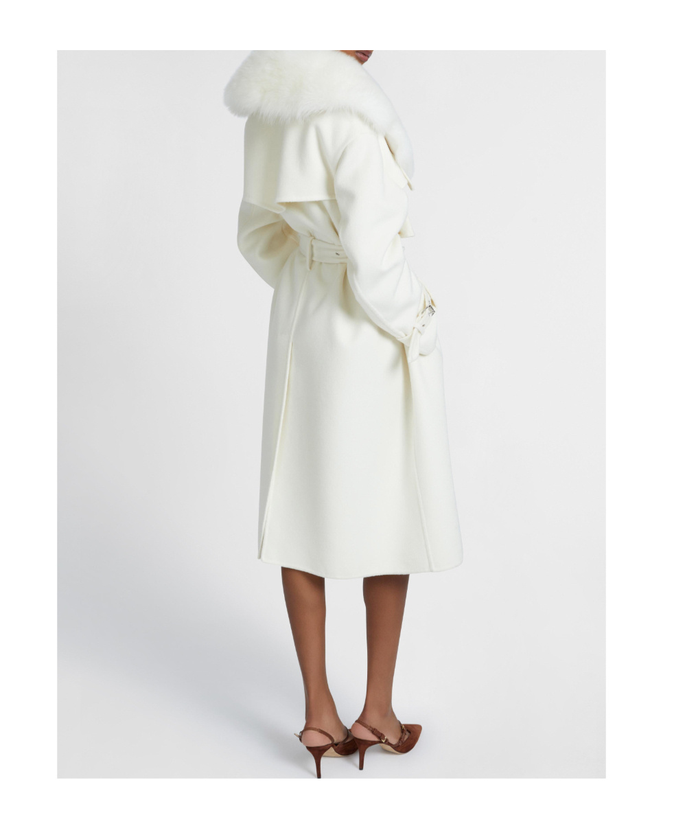 Ermanno Scervino Single-breasted Midi Tailored Coat With Belt And Collar In Real Sheepskin Fur In White