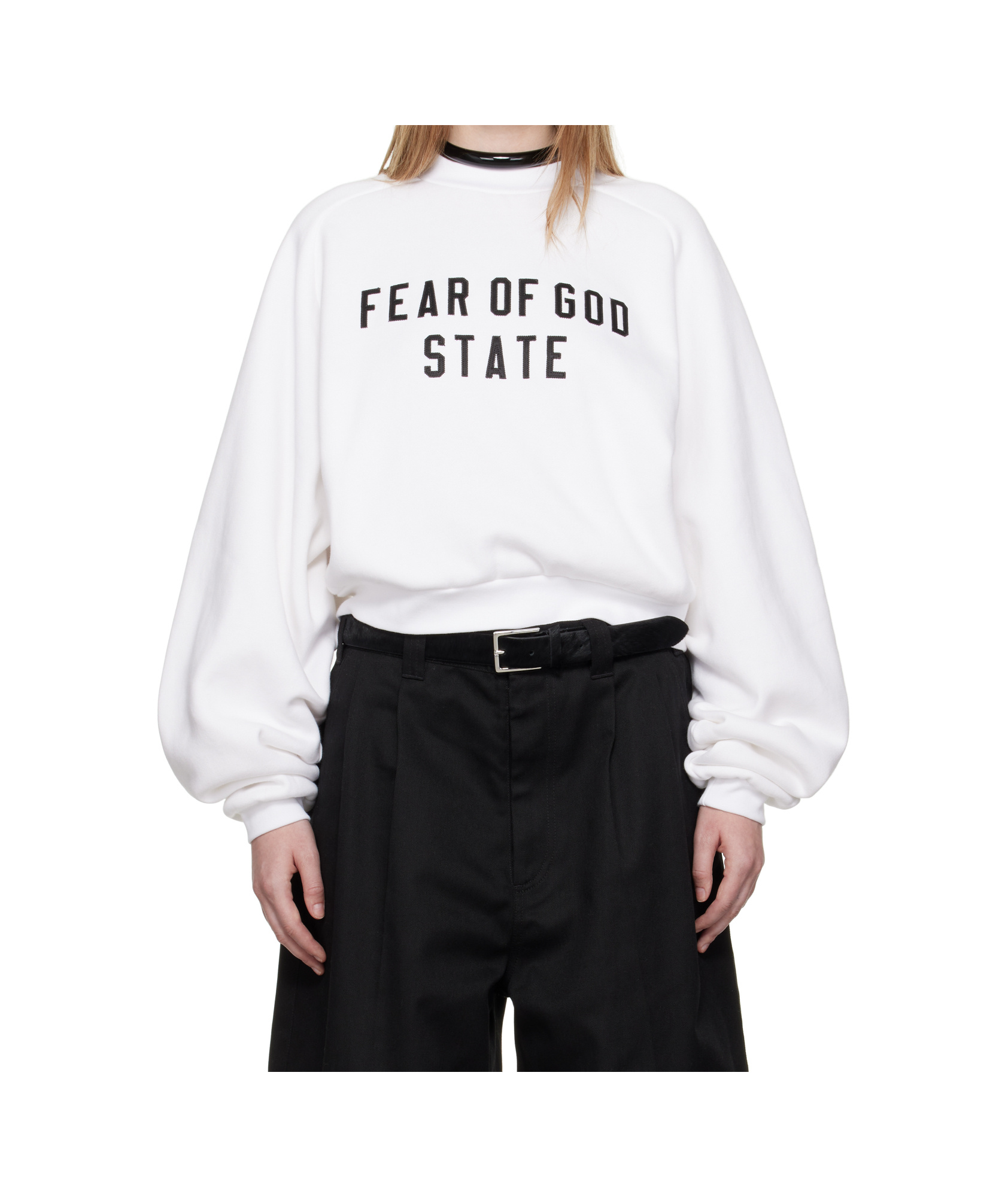 Essentials White Fleece Raglan Crewneck Sweatshirt In White