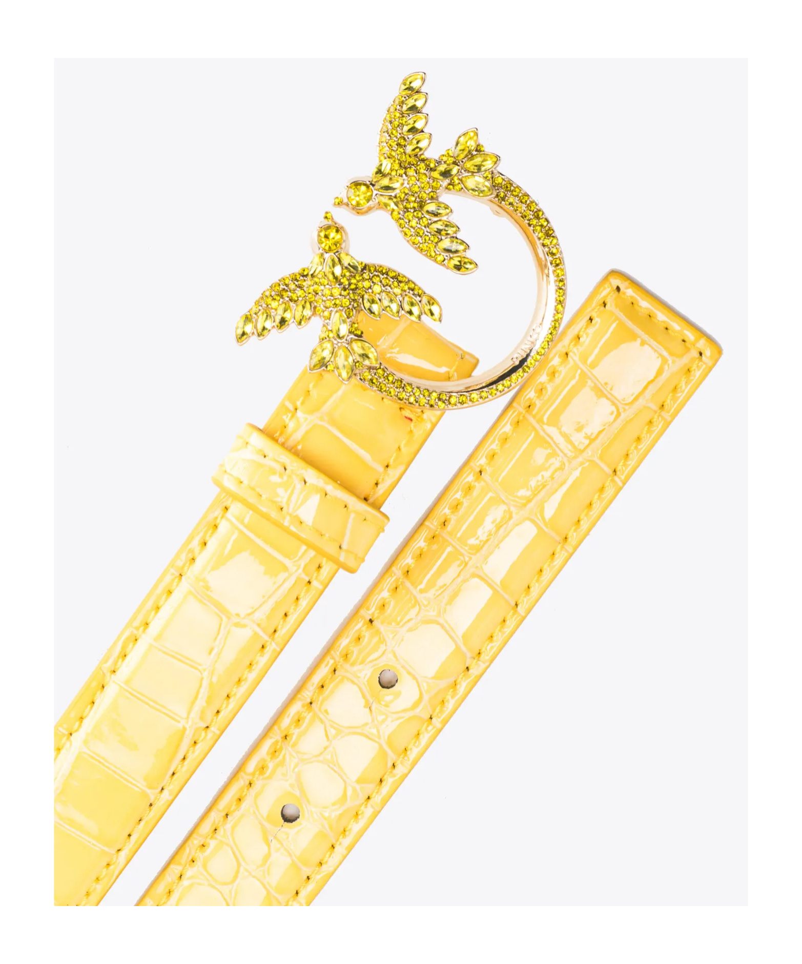 Pinko Galleria Thin 2cm Shiny Coloured Croc-print Belt With Love Birds Buckle In Yellow
