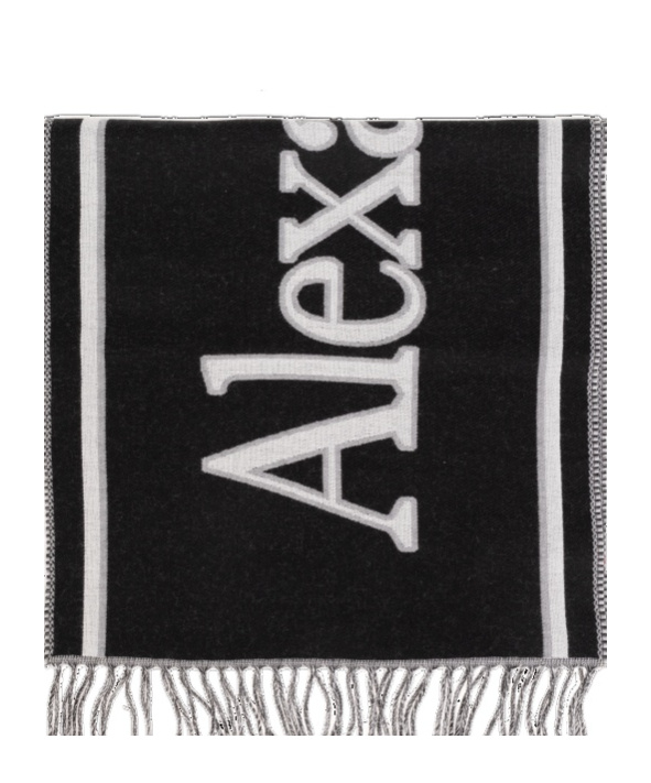 Alexander Mcqueen Black Wool Wraparound Logo Scarf In White