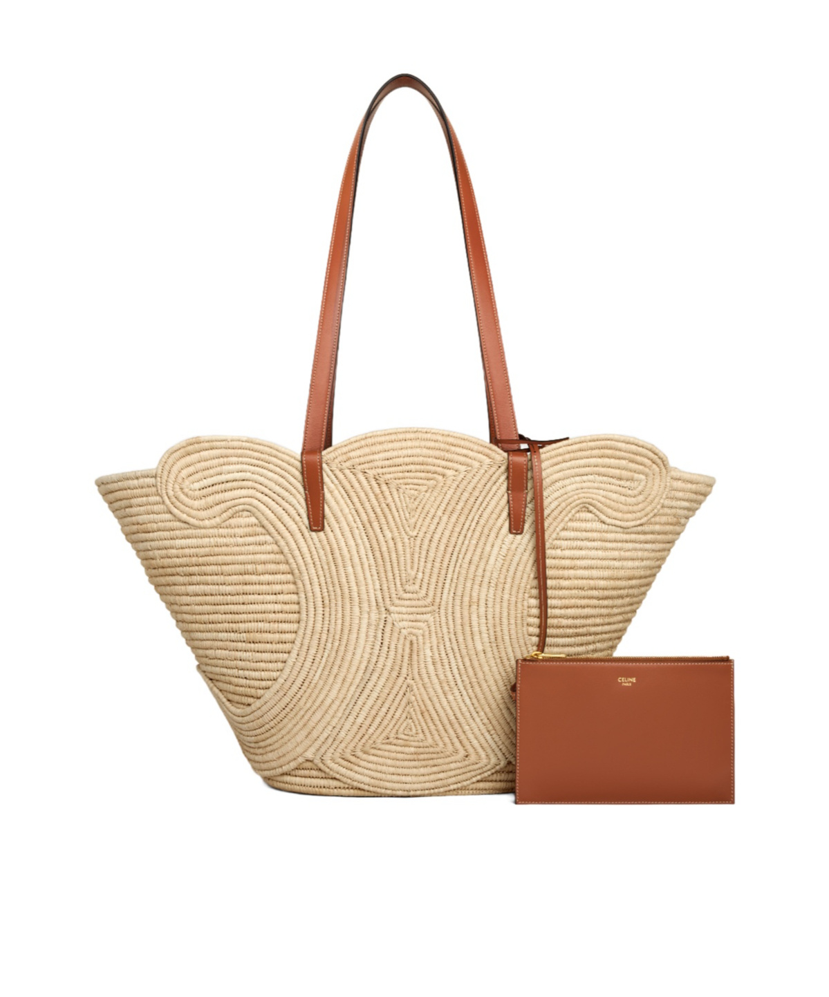 Celine Classic Panier Medium Triomphe Woven Bag In Raffia And Calfskin In Brown
