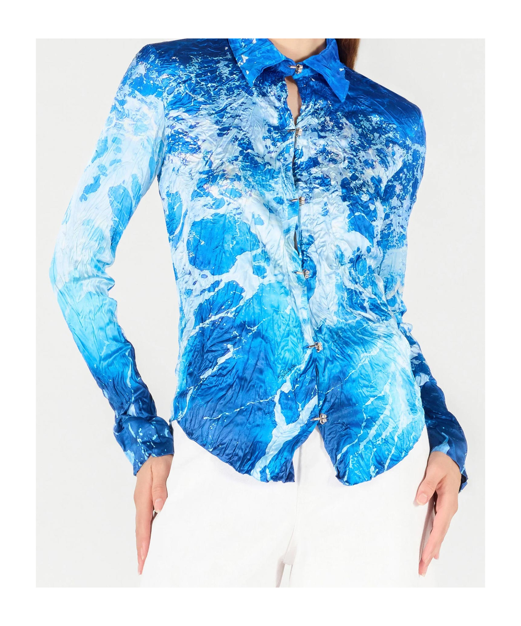 Roberto Cavalli Sicily Ocean-print Crinkle Silk Blouse