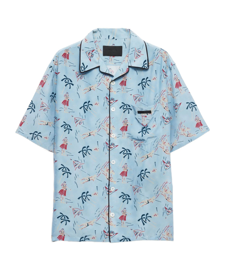 Prada Satin Shirt With Printed Design And Pocket In Blue
