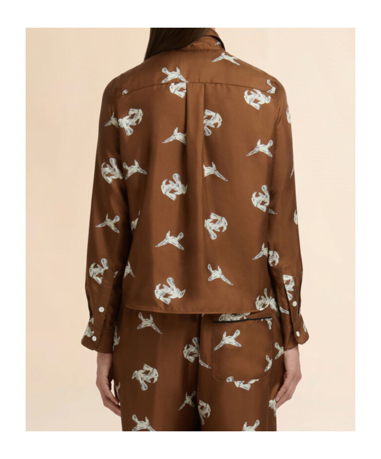 Marni Brown Silk Twill Shirt With Raven Print In Brown
