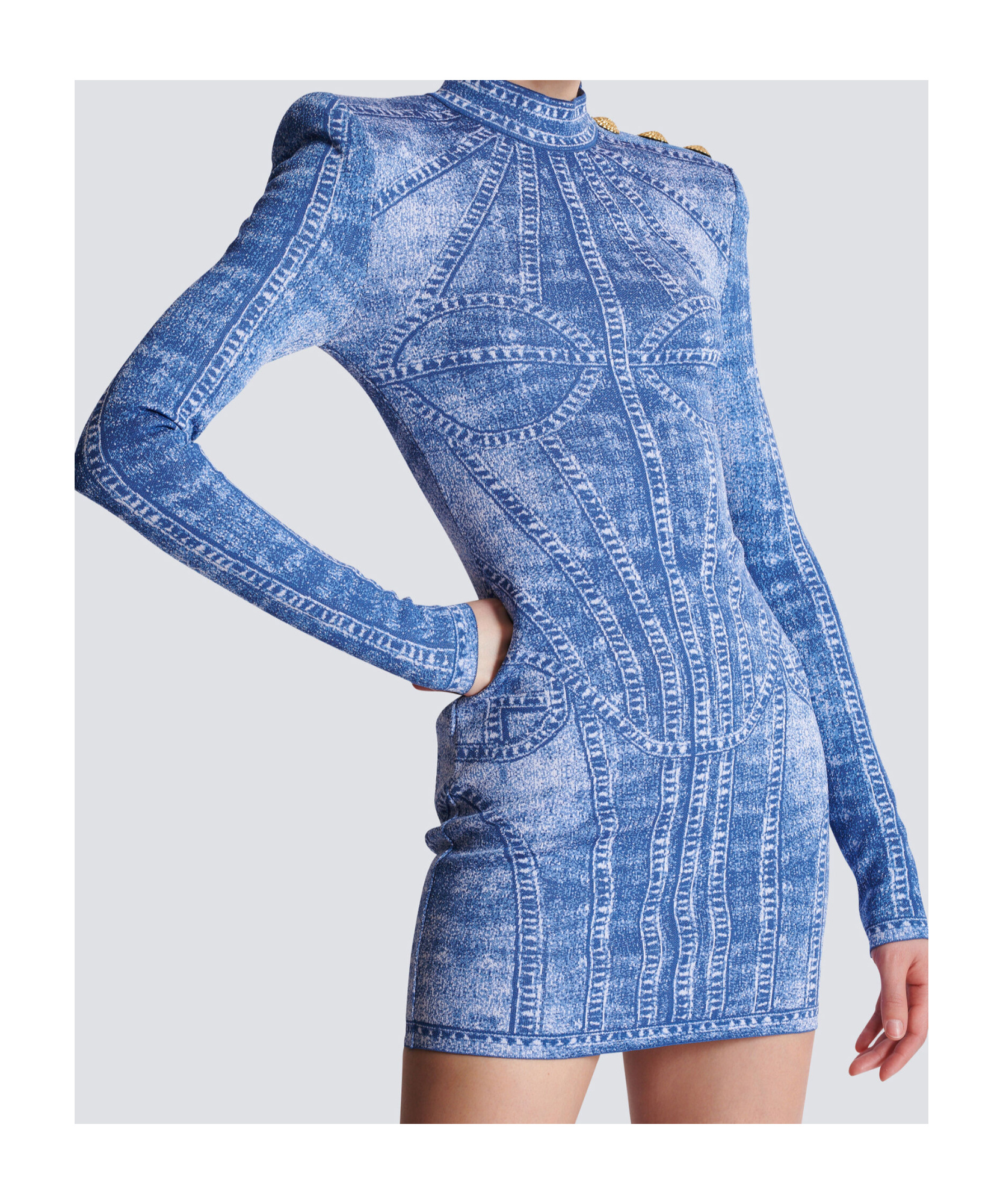 Shop Balmain Short Jacquard Knit Dress With Denim Effect In Blue