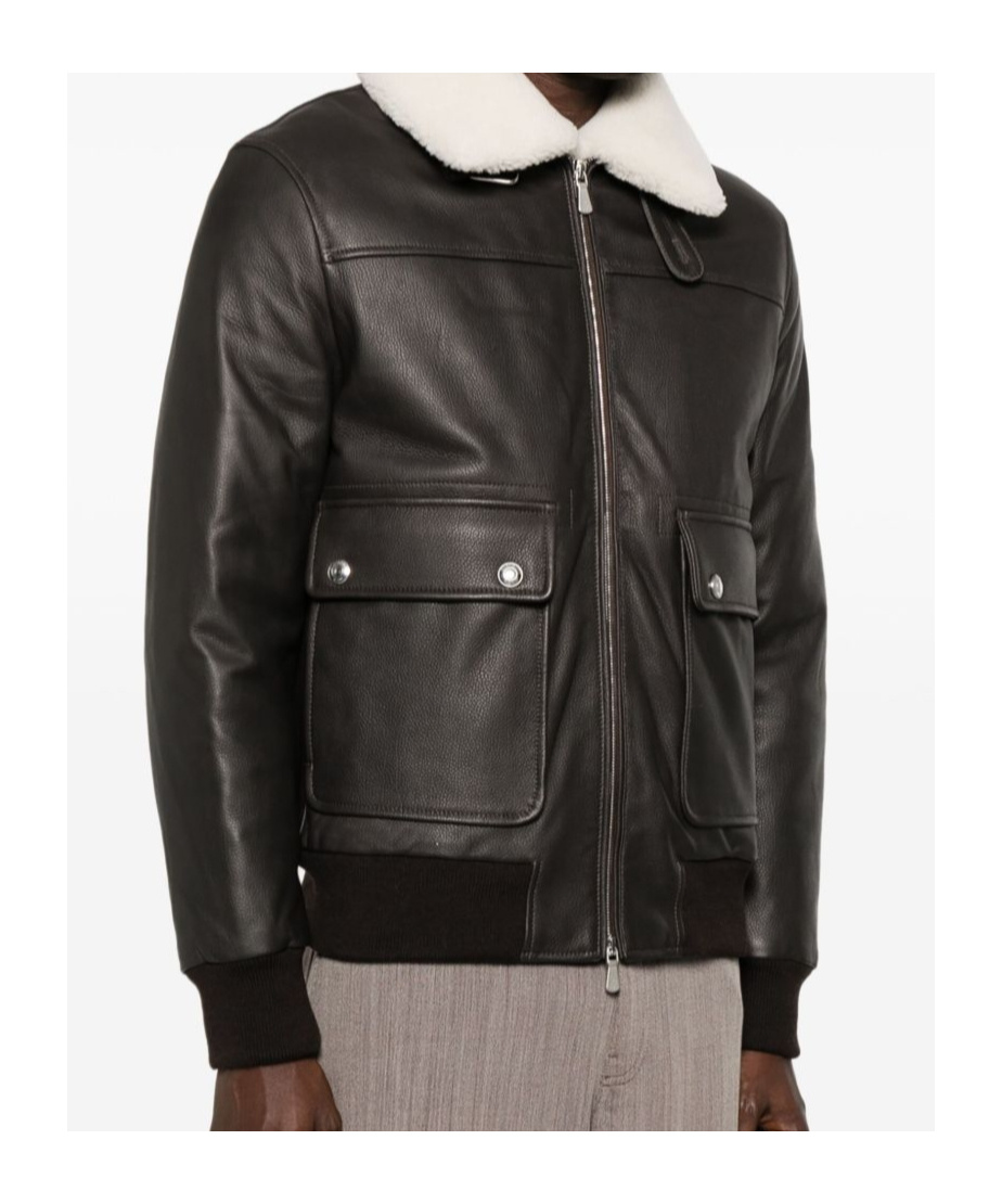 Eleventy Classic Brown Bomber Jacket With Shearling Collar In Brown