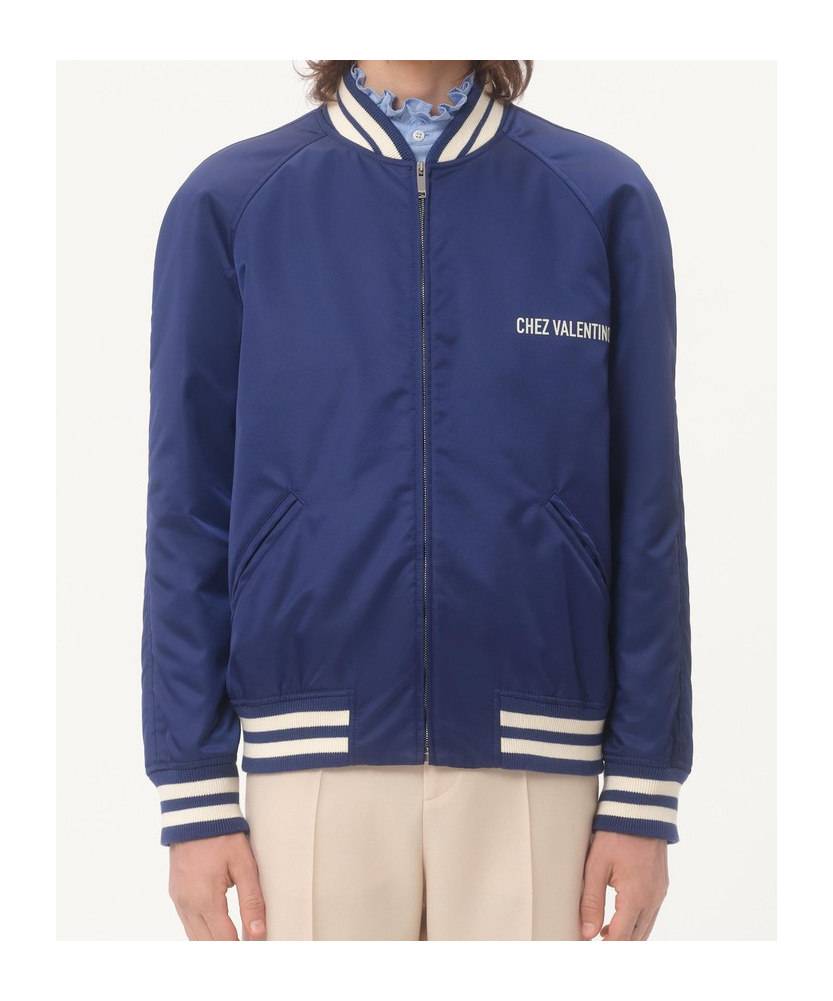 Valentino Blue Bomber Jacket In Printed Polyamide With Zip And High Collar In Blue